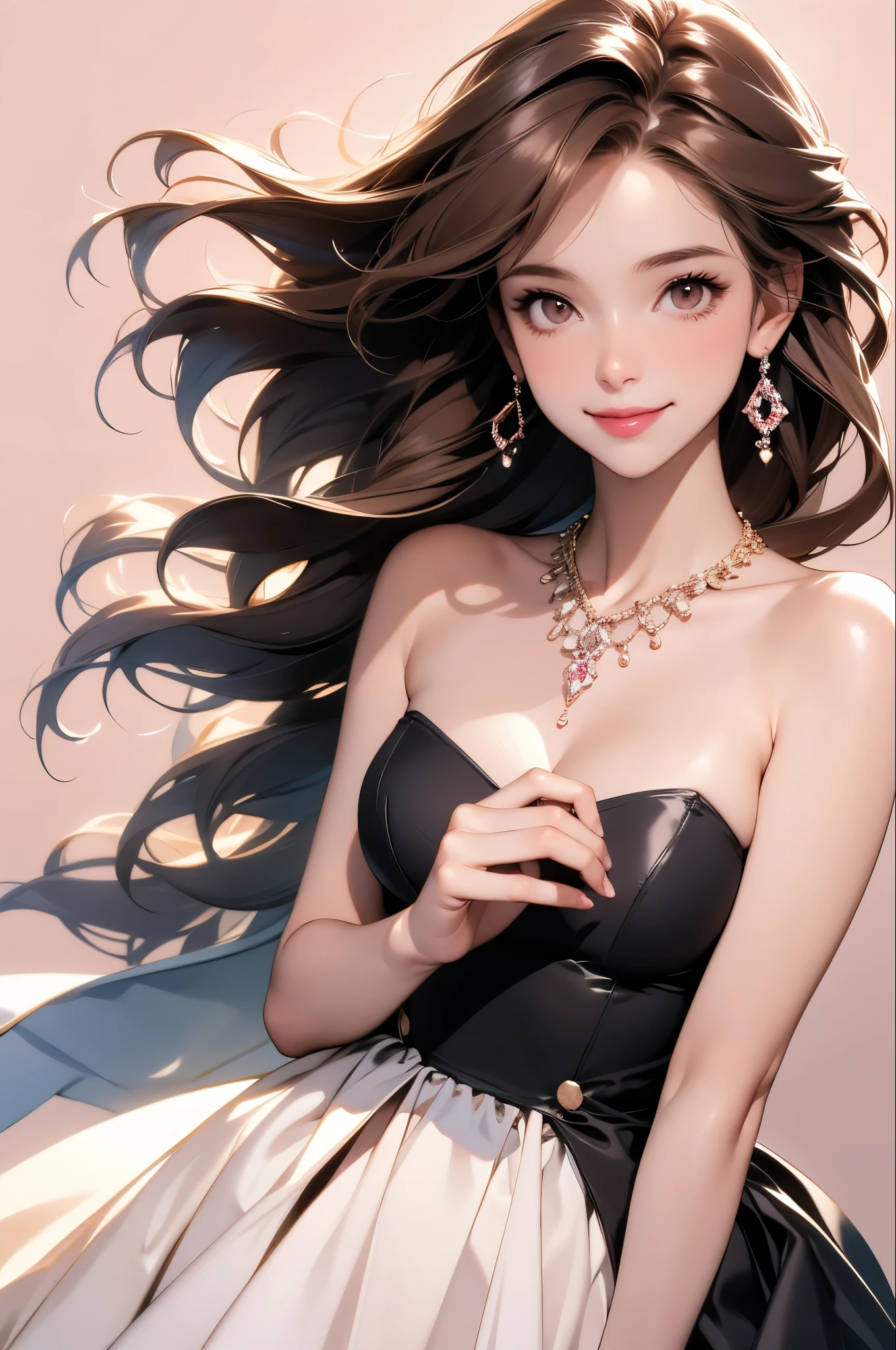 high resolution,smile,woman,woman1人,adult,Clear,cute, Brown Hair,BREAK, Brown eyes,BREAK, Hostess,Black Dress,Diamond Necklace,BREAK, Facing forward,BREAK,Pink background,Light on head,