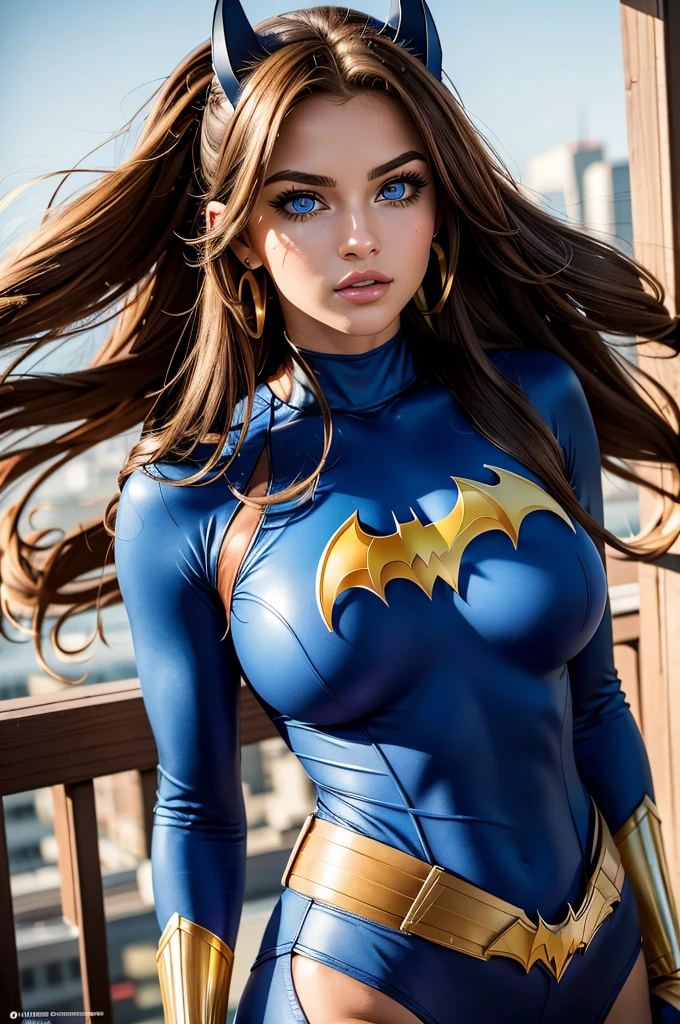(wide shot)Full-length hyper realistic cosplay photograph of a beautiful woman, 20 years old,as batgirl, athletic body, very light brown hair, ((light and bright blue eyes)), small earring in right ear, very long eyelashes, sensual lips, provocative and expression. big breasts, ,realistic, real face, hyper realsitic, influencer, insta influencer, beautiful, sexy, pretty