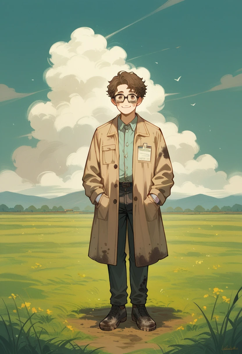 masterpiece, high quality, 1 man, middle aged man, dirty lab coat, black rimmed glasses, curly unkempt hair, slacks, leather shoes, field, dirty clothes, Slightly longer hair A gentle smile
