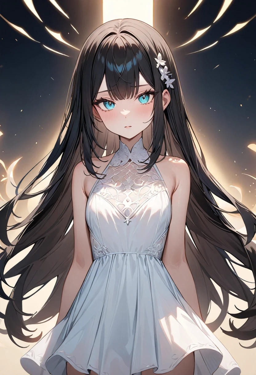 (masterpiece, top quality, very aesthetic, 4k、illustration), intricate detail, 1woman,、solo,contrapposto 、Strong glowing eyes、,(cowboy shot)、light persona、(),beautiful face、、clear face、straight hair、red to black gradient hair、,middle hair,sidelock ,aqua　eyes、white Summer Dresses、small breasts、Slim 、