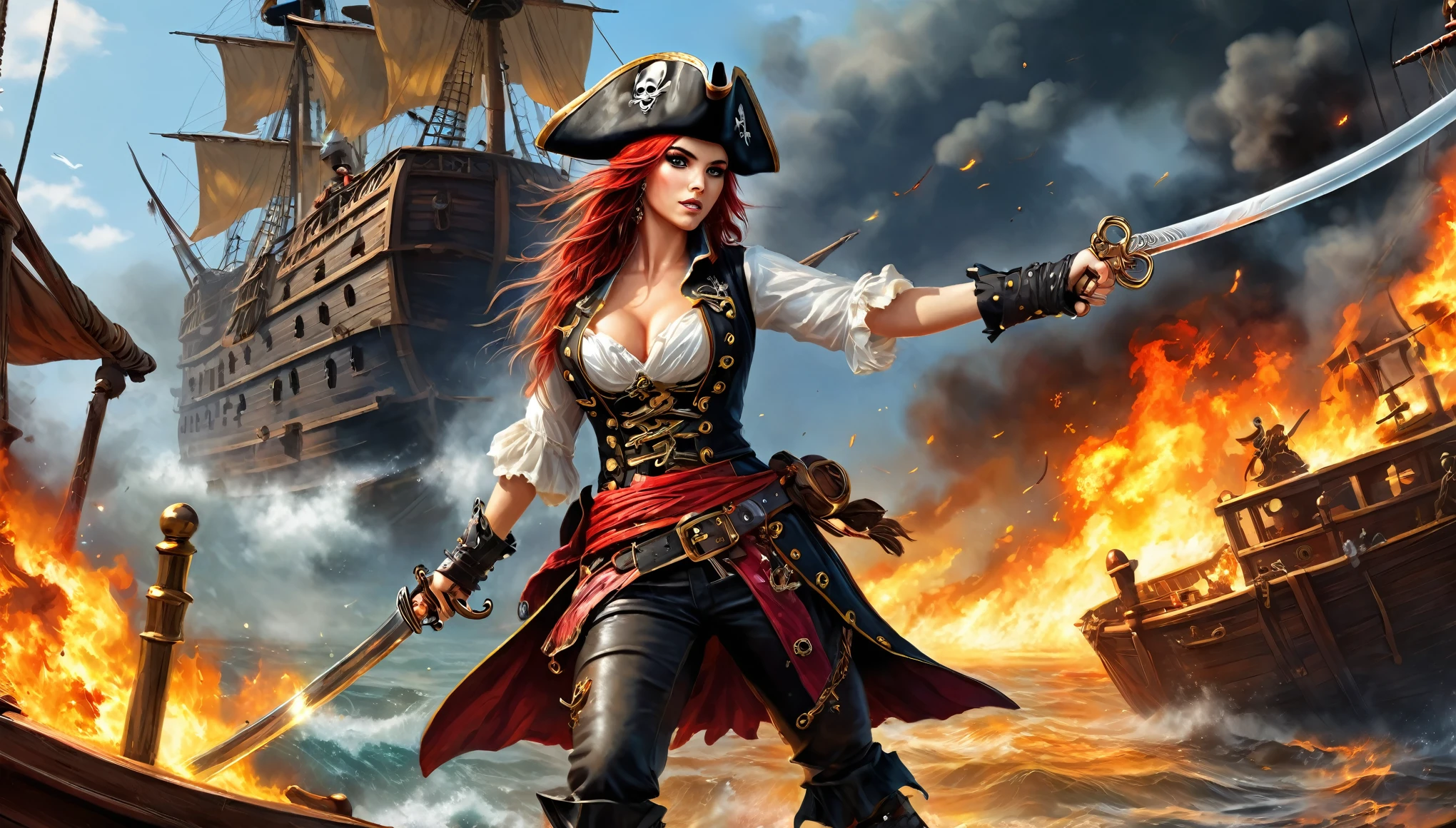 (8k, Highest quality, masterpiece)，{Realistic, RAW Photos, Super Fine Clear, Impressionist painting, Full body portrait, (Impressionist paintingの影響を受けた, Sexy female pirate, duel:1.6)}, , huge bouncing busts, A big uproar, Fight enemies on the deck of a burning pirate ship, Pirate Combat, Deadly Combat, Fierce Battle, Heat, Blood splatter, Vibrant