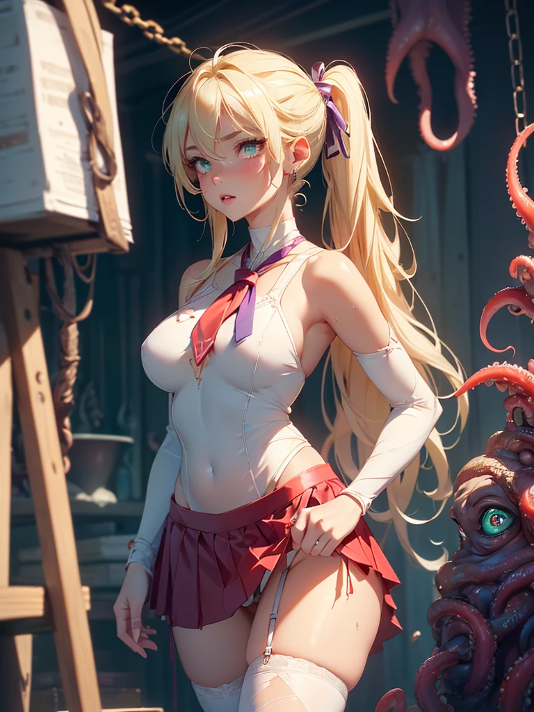 master piece,Best Quality,Ultra-detailed,High resolution,Octane Render,valkyrie,Blonde hair,Radiant hair,(1 girl),Beautiful Girl,Beautiful mature face,torn clothes,broken clothes,Seductive young woman,female focus,Beautiful breasts,Full body,(Perfect body),Standing,(purple cyber suit and red microskirt),((white side-tie panties)),Garter Belt,Bare shoulders,((Check out our thru-rack chokers and midi rings with chains,(multicolor long twin tail),big bright green eyes, Shining eyes beautiful detailed eyes),Cute,Cool,pale skin,Faint lips,A seductive and confident smile,embarrassed,Open mouth,(hair, Realistic:1),waiving very long gradient hair ribbon,to stand,She is holding a book in her hand,Blushing face,Fantasy,Sweat,steam,(messy room),((veiny tentacles)),cthulhu mythos,from below:1.2,dramatic composition,dramatic lighting
