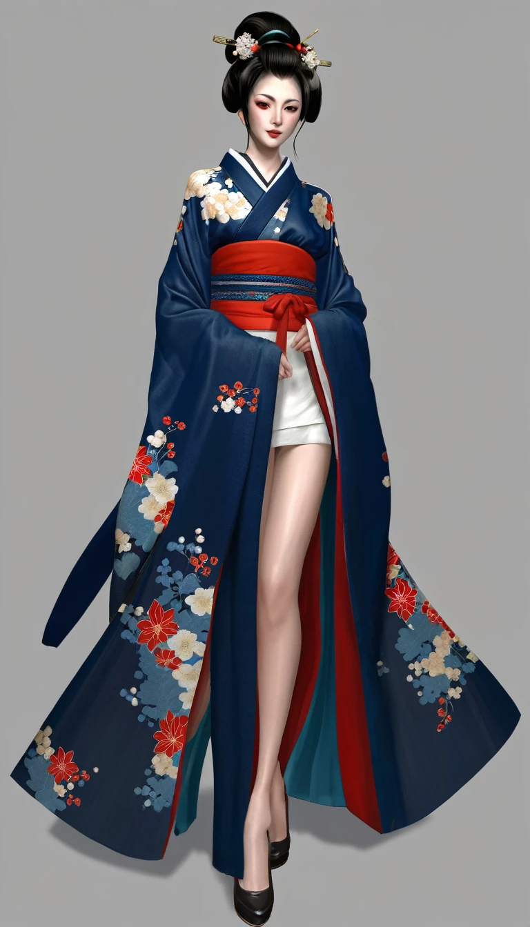 Необходимо создать concept-арт гейши full length, legs, whole height, for MMORPG, centered on a Japanese setting. A geisha should inspire grace, sophistication and mystery, typical of Japanese culture. Picture her in a traditional kimono with details, embellished kimono, combining elements of traditional and fantasy design. full length, concept, full length персонаж, digital painting