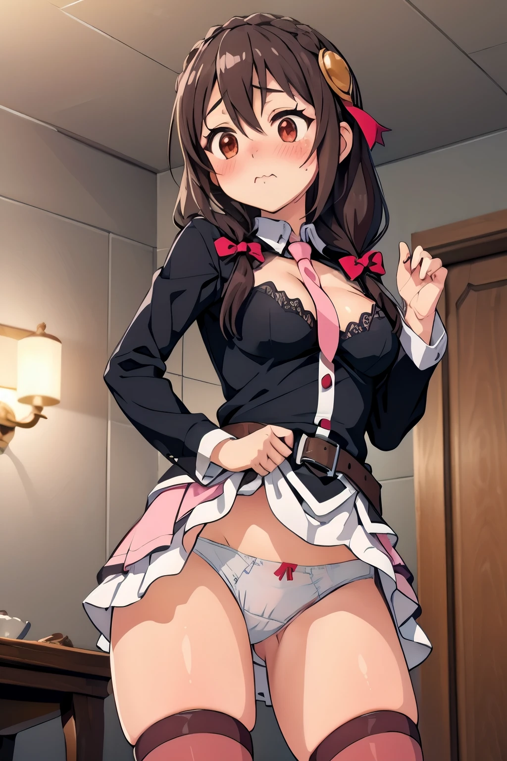(masterpiece, Highest quality), One Girl, itch,Long Hair,Braiding ,Twin tails,Hair between the eyes, Hair Ribbon, hair ornaments, medium breastst, Pink Skirt、Close your eyes、Shut your mouth.、(blush:1.5)、Red cheeks、night、indoor、Crown Blade,Black Shirt, Long sleeve, Pink tie, belt, Cleavage cutout (brown kneehighs: 1.3), (White Lace Panties), (show off panties), from below, Standing, Cowboy Shot,