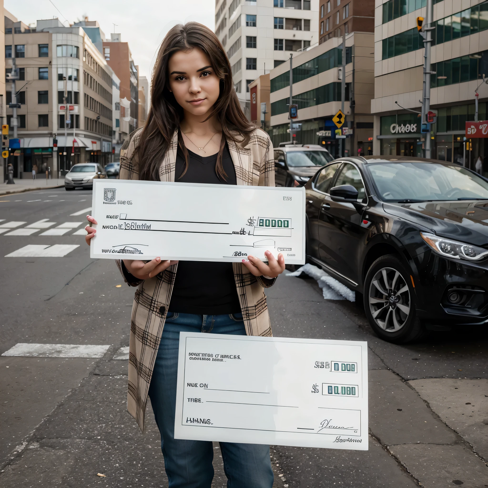 I want you to generate a realistic image with a young person that holds in her hands one of these large checks, the prize check needs to be large. The photo should look like a normal photography, it should be done in the city on the streets, it should be noon in the picture it should be noon in the picture, hyper realistic