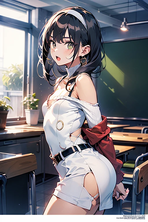 (small breasts:1.3), (perky chest:1.1), (pointed chest:1.0), (fashion magazine cover:1.3),(from below:1.0),(from side:0.9),masterpiece, 1girl, Amazing Cleavage:1.1, thin waist, big ass, Raised sexy, small breast: 1.3, posed cleavage:1.2、solo, looking at viewer, open mouth, have a cute grass of cute beergrass,black hair, dark green eyes, dress, bare shoulders, jewelry, collarbone, sidelocks, hairband, earrings, indoors, off shoulder, :o, sweater, arms behind back, plant, short hair with long locks, gild hairband, off-shoulder dress, sweater dress, off-shoulder sweater, red sweater, dark gord hair, big side hair, very long side hair,is rendered in (masterpiece: 1.2, best quality), with (ultra high resolution) and an exquisite (depth of field). This masterpiece is not only visually stunning but also tells,A scene of cooking in the kitchen by classroom