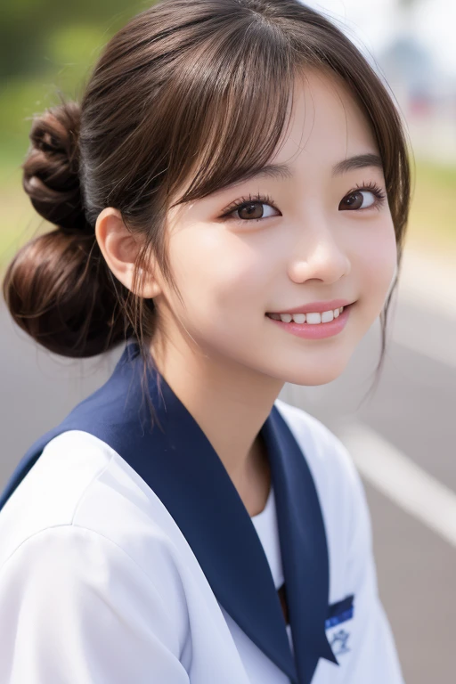 Cute 15 year old Japanese、on the road、Highly detailed face、Pay attention to the details、double eyelid、Beautiful thin nose、Sharp focus:1.2、Beautiful woman:1.4、(Hair Bun)、Pure white skin、Highest quality、masterpiece、Ultra-high resolution、(Realistic:1.4)、Highly detailed and professional lighting、nice smile、Japanese school girl uniform