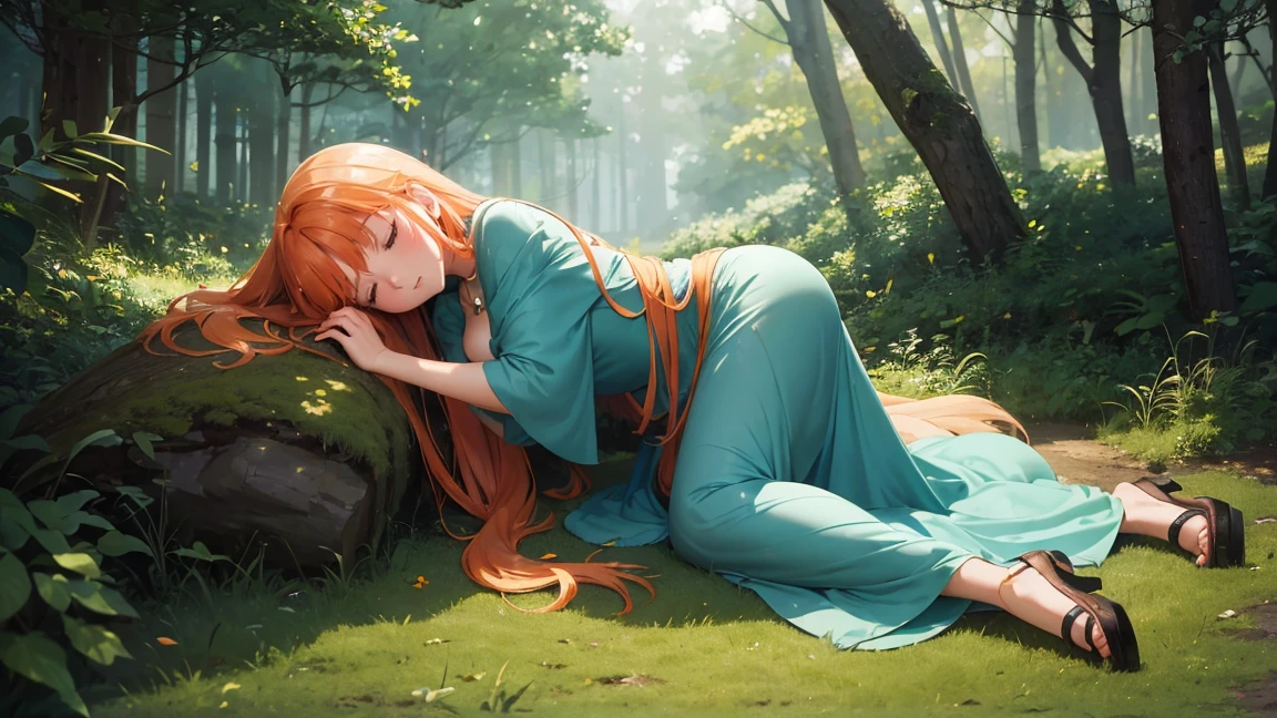 (4K images:1.3),Anime-like image,High resolution,Very beautiful illustration,A fantastic atmosphere,Beautiful girl sleeping in the forest,Fairy,Ghibli-inspired design,Her hair color is orange.