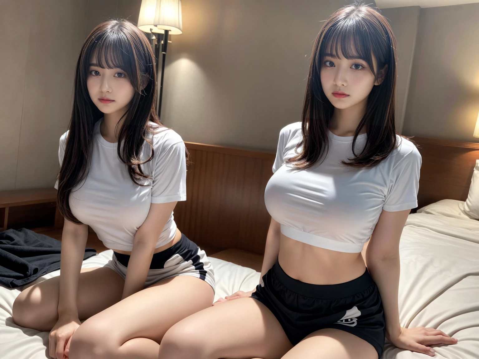 masterpiece, best quality, illustration, Super detailed, fine details, High resolution, 8K,wall paper, perfect dynamic composition,(Details High quality, realistic depiction of eyes:1.3), (2 girls), oversized sport shirt, shorts women, sitting, open legs, short bob hair, in a hotel room in the background, deep on field, large breasts, black hair color, Big Natural Color Lip, (perfect body shape), crying a little、Harajuku style、20 year old girl、cute type、beautiful legs, Gravure Idol