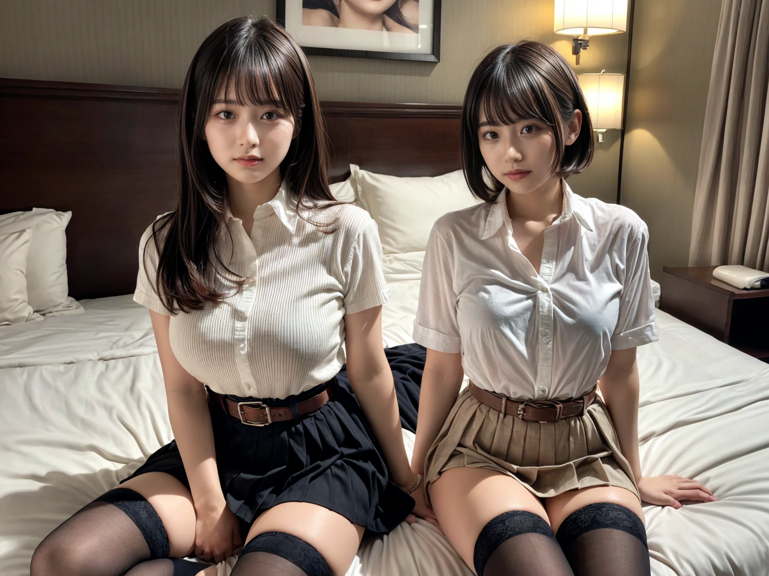 masterpiece, best quality, illustration, Super detailed, fine details, High resolution, 8K,wall paper, perfect dynamic composition,(Details High quality, realistic depiction of eyes:1.3), (2 girls), holster, bobby, Cutter shirt, a belt, suspenders, pleated skirt, garterbelts, knee high Stockings, sitting, open legs, short bob hair, in a hotel room in the background, deep on field, large breasts, black hair color, Big Natural Color Lip, (perfect body shape), crying a little、Harajuku style、20 year old girl、cute type、beautiful legs, Gravure Idol