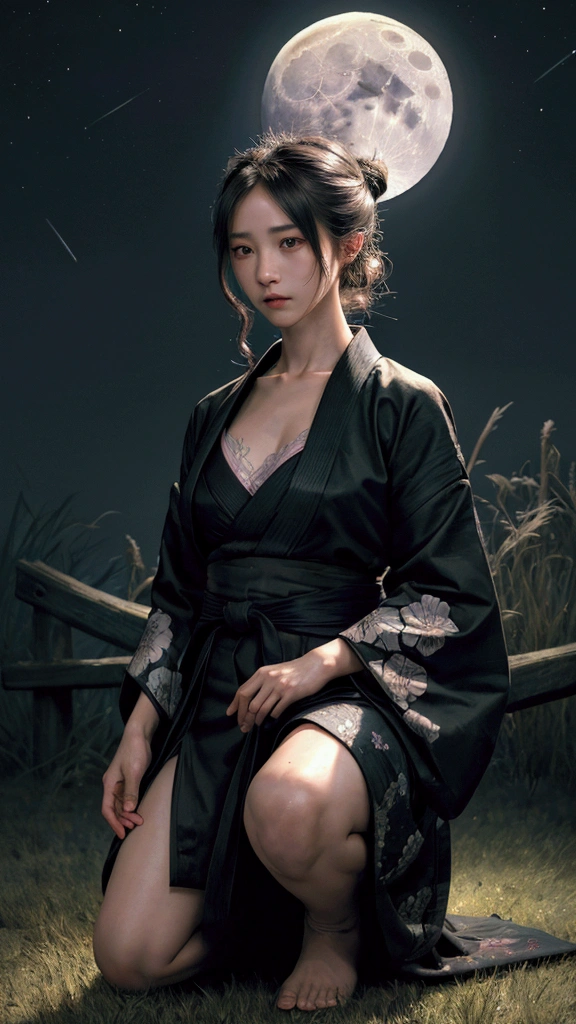 (realistic:1.3), finely detailed, quality, rembrandt lighting, (masterpiece:1.2), (photorealistic:1.2), (best quality), (detailed skin:1.3), (intricate details), dramatic, ray tracing, 1girl, japanese girl, 21 years old, detailed skin texture, (blush:0.5), (goosebumps:0.5), subsurface scattering, staring, angry, serious expression, medium breasts, updo hair, bangs, hair between eyes, kimono, japanese clothes, floral print, one knee, (battoujutsu:1.1), (night, night sky, wide open field of grass, full moon),