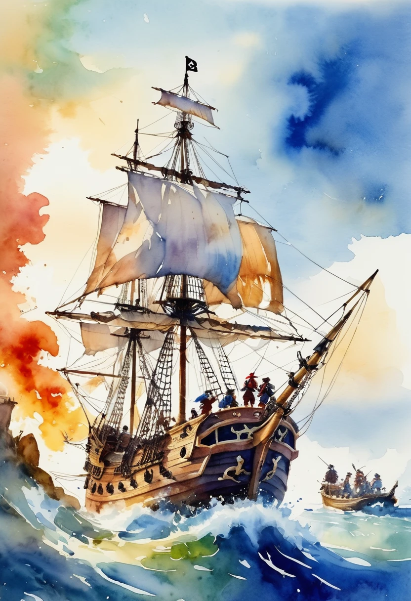 (best quality, high resolution, Watercolor Pirate War