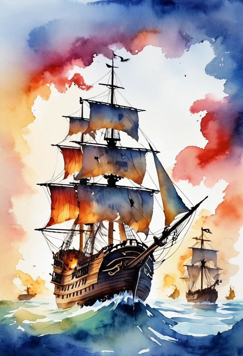 (best quality, high resolution, Watercolor Pirate War