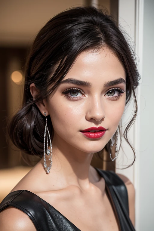 (1 girl:1.5),(top quality,4K,8 K,a high resolution,masterpiece:1.2),super detailed,(valid,photovalid,photo-valid:1.37),station,dark brown hair,Red lips女孩,black evening dress,elegant clothes for girls,Red lips,perfect lipstick application,(beautiful eyes:1.4),silver hair,Brown eyes,slight smile,happy expression,Refined leather,Stunning face,long eyelashes,black eyeliner,Artwork,(black belt:1.2),drop earrings,Women's love throughout the body