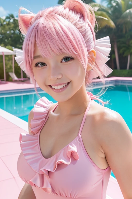 Masseter muscle area, Highest quality, Ultra-high resolution, Highest quality, Anime Style, Best lighting, Beautiful Face, Pink Hair, Cheerful girl, View your viewers, Portraiture, Pink horse tail, Laugh brightly, (Pool Background:1.2), Best lighting, The best smile, Face close-up, (One girl:1.3), (Cute pink ruffled swimsuit:1.4), Attach the headband