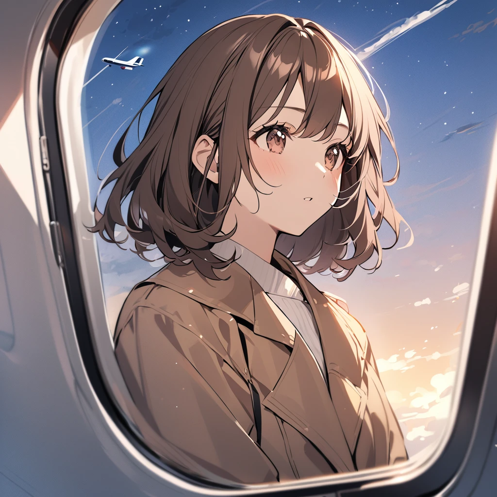 A girl with wavy brown bob hair wearing a dark beige coat. Look out the airplane window.