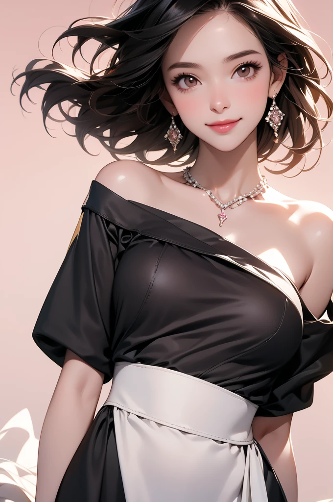 high resolution,smile,woman,woman1人,adult,Clear,cute, Black Hair,BREAK, Brown eyes,BREAK,
Hostess,Black Dress,Diamond Necklace,BREAK,
Facing forward,BREAK,Pink background,Light on head,