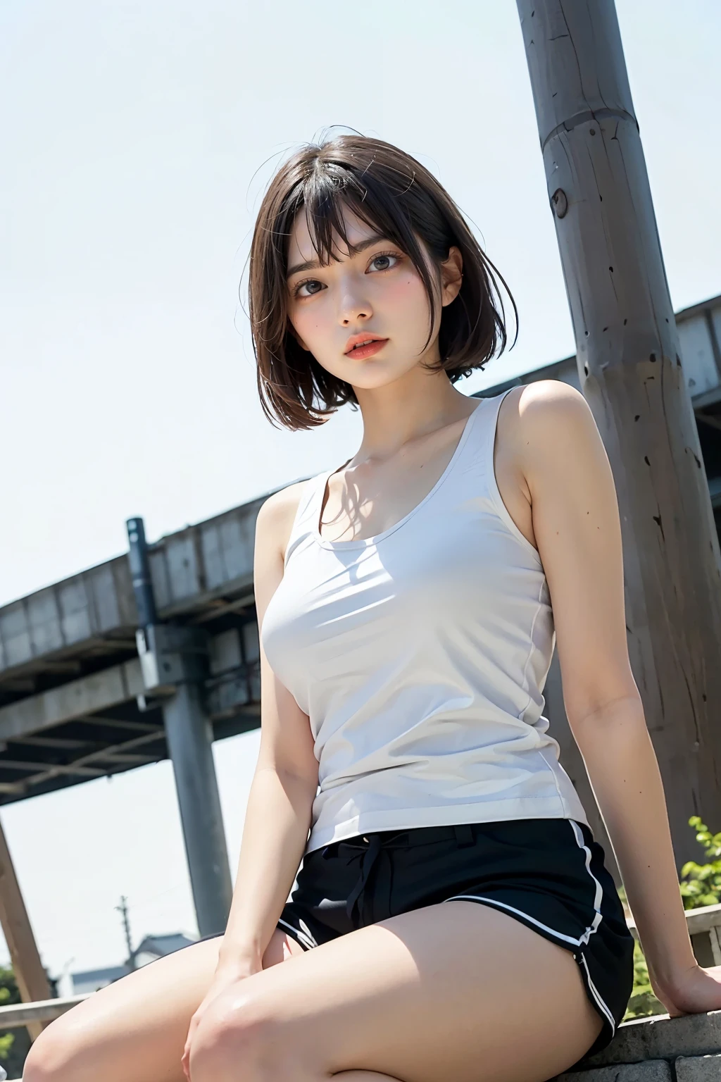 Masterpiece, bokeh, (Beautiful face), (Detailed face), (Perfect hands), (Japanese idle:1.6), (White tank tops :1.3), (black shorts:1.3), (Plump breast:1.2), (Yellow helmet:1.2), ( Sitting on Large Bridge construction site:1.3), (Blushed face:1.3), (From below:1.6), 