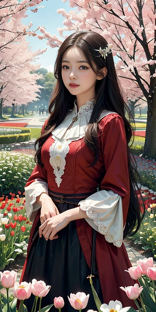 Wearing a bright red dress，Bring out her fair complexion, Standing gracefully in front of a flowery garden,Front Shooting， Double exposure effect creates an ethereal atmosphere，bathed in the warm glow of the sun. The garden was full of colorful flowers, Including roses, tulips, and daisies, Create a picturesque background. girl surrounded by breeze, Let her hair flow gracefully. As she gazes into the distance，Her eyes are full of curiosity and innocence, hinting at her charming smile, There's a story behind this. Portraits are created with oil paints, Give it a rich and timeless feeling. vibrant with colors、with dynamism, Focus on warm colors，Create a feeling of warmth and well-being. The lighting is soft and natural, Gives girls a soft glow;s face, exquisite detailing，Enhance her facial features，Create a sense of depth. The overall quality of the artwork is of the highest standard, Every stroke reveals the artist&#39;s style&#39;styled&#39;Stylized&#39;Stylized&#39;talent;talent;Skills and attention to detail. The degree of reality is shocking, Make your portrait come to life, Evoke a connection with the audience. This masterpiece captures the beauty and essence of the girl, provides a timeless and captivating manifestation of her existence.