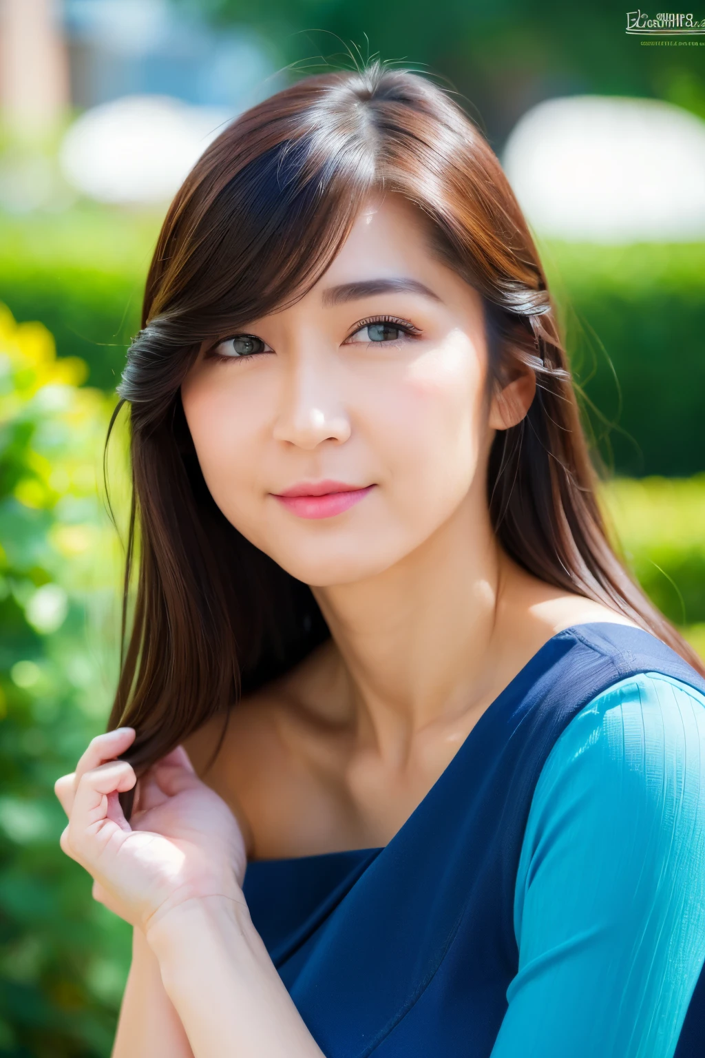 standing pose, blue leather dress, looking at camera, front view, long hair, bangs, (detailed face), at garden, tempting pose, potrait body, mouth closed, light smile, black eyes, 1 girl, 20yo,Young female,Beautiful Finger,Beautiful long legs,Beautiful body, Beautiful Nose,Beautiful character design, perfect eyes, perfect face,expressive eyes,perfect balance, (looking at viewer),extremely detailed CG unity 8k wallpaper, White skin, (masterpiece:1.0), (best_quality:1.0), ultra high res,4K,ultra-detailed, photography, 8K, HDR, highres, absurdres:1.2, Kodak portra 400, film grain, (vibrant_color:1.2),professional photograph, (Beautiful,huge_Breasts:1.4), (beautiful_face:1.5),(narrow_waist)