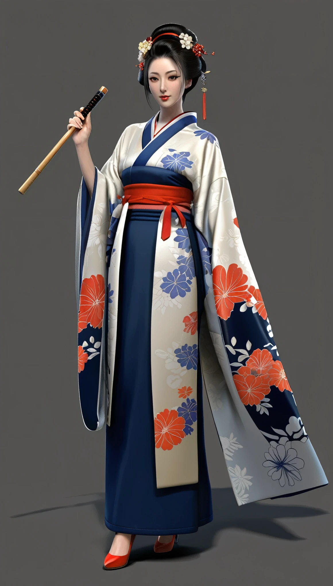Необходимо создать concept-арт гейши full length, legs, whole height, for MMORPG, centered on a Japanese setting. A geisha should inspire grace, sophistication and mystery, typical of Japanese culture. Picture her in a traditional kimono with details, embellished kimono, combining elements of traditional and fantasy design. full length, concept, full length персонаж, digital painting