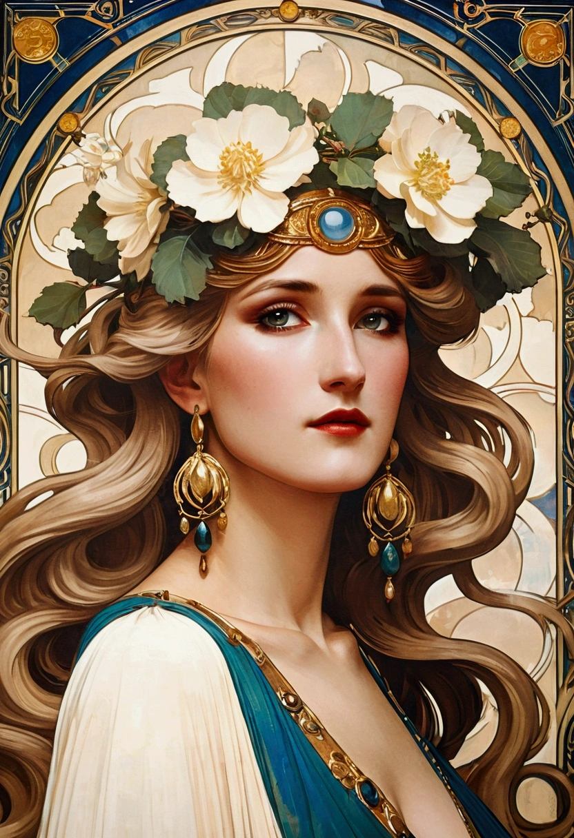 European woman portrait, goddess, above waist, Long flowing hair, Blonde, Oil painting, Model imposing, flower frame, decorative panel, abstraction, directed by: Alphonse Mucha (Main part, extremely high quality, High resolution: 1.4), detailed, intricate details, splash of colour, Line art, Fibonacci, Wear underwear, serious, expressionless, atmospheric perspective, Art Nouveau, 4k, medium shot