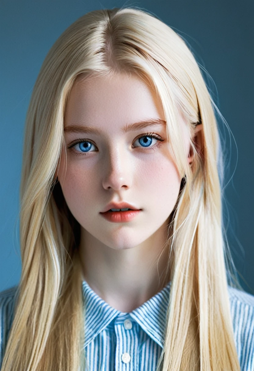 I want you to create a delicate and beautiful character. She is a 18-year-old young woman with characteristics typical of the Swedish people. Her long, straight blonde hair frames a face with very white skin. Her blue eyes contrast with her skin color, creating a piercing and expressive look.