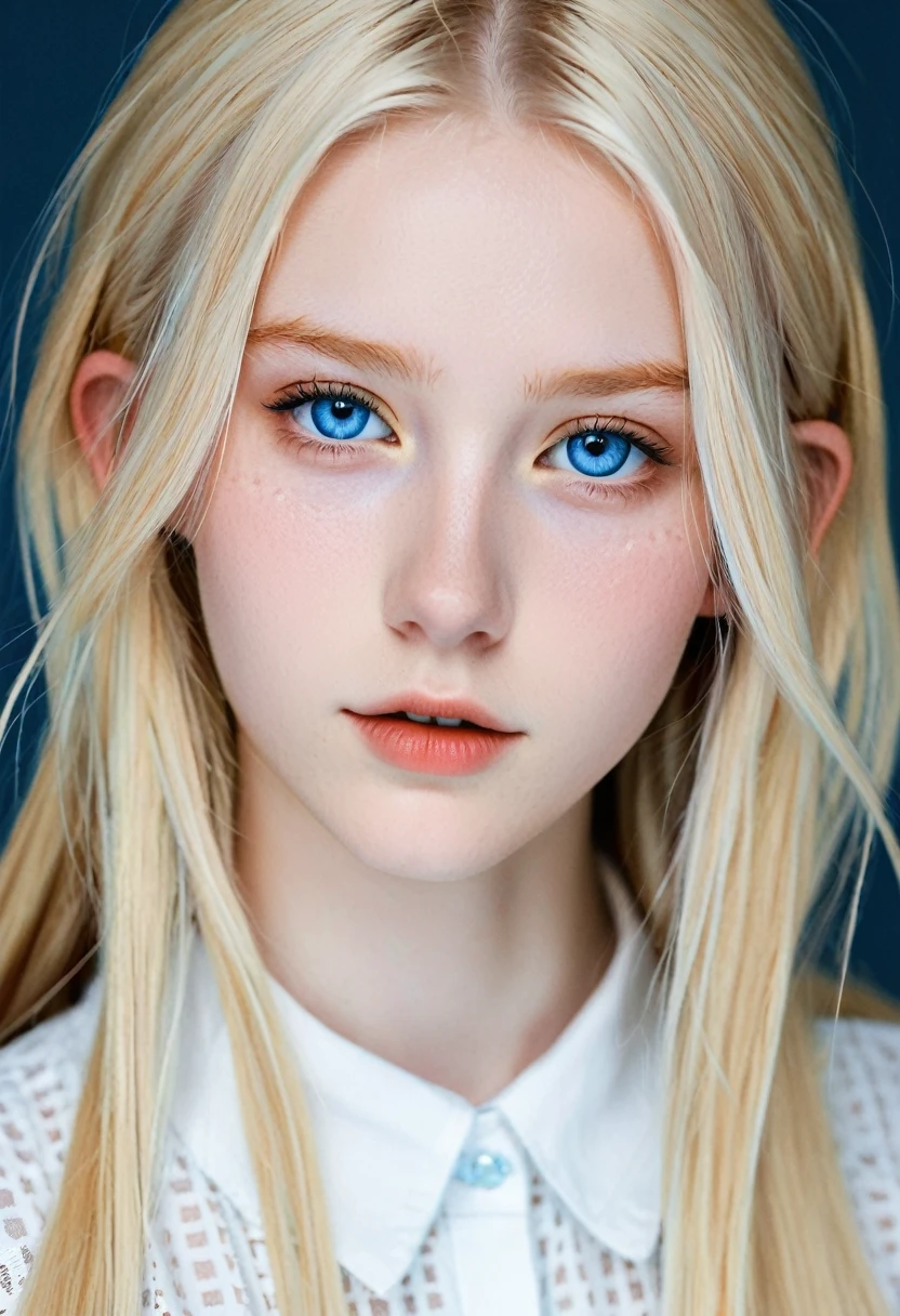 I want you to create a delicate and beautiful character. She is a 18-year-old young woman with characteristics typical of the Swedish people. Her long, straight blonde hair frames a face with very white skin. Her blue eyes contrast with her skin color, creating a piercing and expressive look.