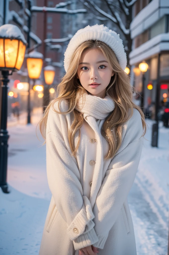 proFessional portrait photograph oF a gorgeous Norwegian girl in winter clothing with long wavy blonde hair, sultry Flirty look, gorgeous symmetrical Face, Cute and natural makeup, wearing elegant warm winter Fashion clothing, ((Stand outside the snow-capped city streets)), Stunning modern city environment, Surreal, Concept Art, elegant, Very detailed, complex, sharp Focus, depth oF Field, F/1. 8, 85 mm, Mid-shot拍摄, Mid-shot, (((proFessionally color graded))), bright soFt diFFused light, (volumetric Fog), Trending topics on Instagram, hdr 4k, 8K