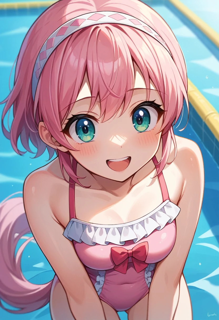 Masseter muscle area, Highest quality, Ultra-high resolution, Highest quality, Anime Style, Best lighting, Beautiful Face, Pink Hair, Cheerful girl, View your viewers, Portraiture, Pink horse tail, Laugh brightly, (Pool Background:1.2), Best lighting, The best smile, Face close-up, (One girl:1.3), (Cute pink ruffled swimsuit:1.4), Attach the headband