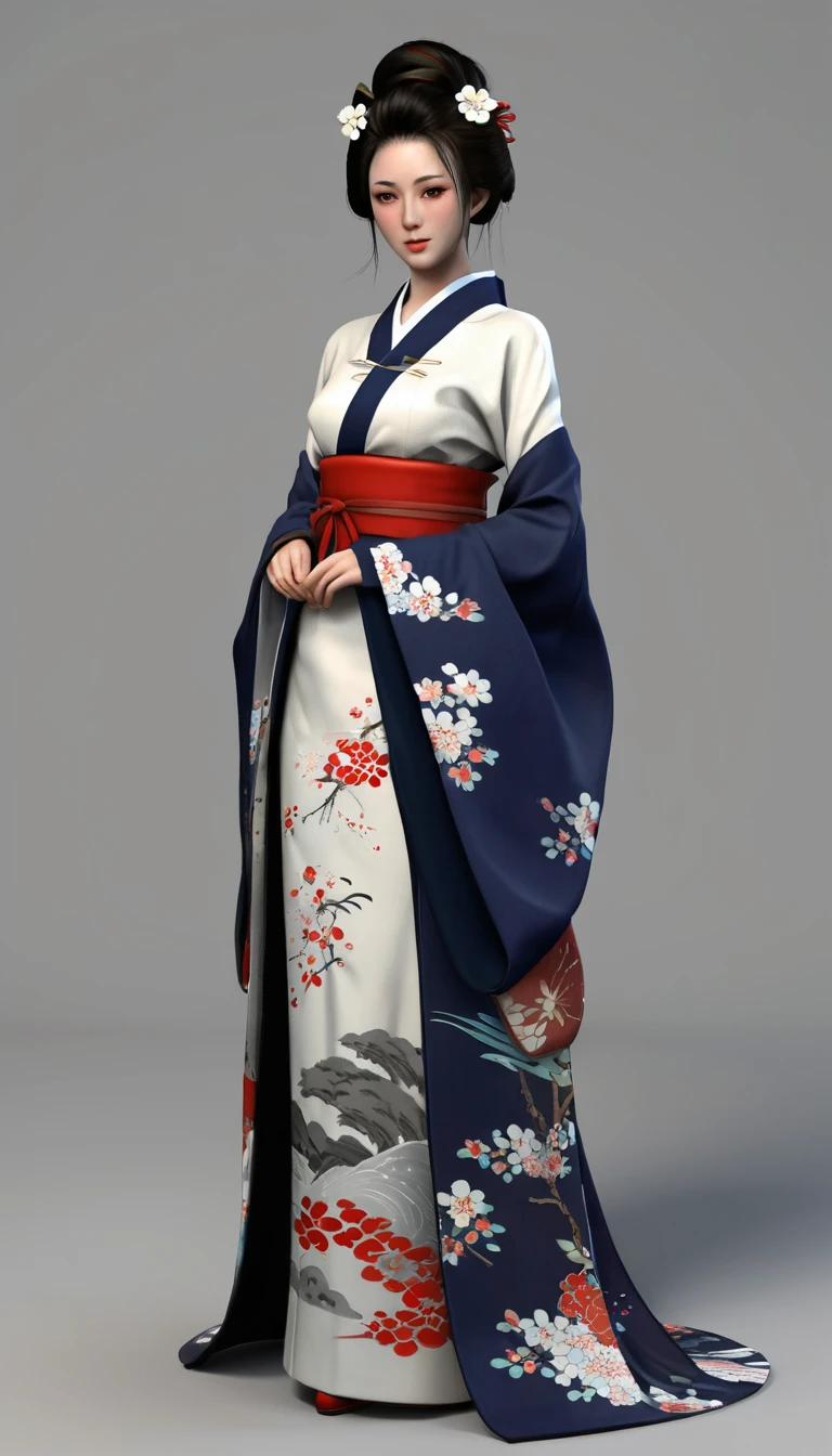 Необходимо создать concept-арт гейши full length, legs, whole height, for MMORPG, centered on a Japanese setting. A geisha should inspire grace, sophistication and mystery, typical of Japanese culture. Picture her in a traditional kimono with details, with a bow on the back and various details, embellished kimono, combining elements of traditional and fantasy design. full length, concept, full length персонаж, digital painting