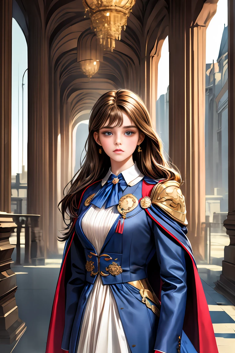 masterpiece, 最high quality, high quality, 1 girl, alone, Female focus, Watching the audience, Messy brown hair, Adorable big blue eyes, White, Noble, Noble, Beautiful tailcoat、A very voluminous, large, very large, very large, long, long red and black cape with a high stand-up collar, made of a lot of fabric that reaches down to the floor., 17 years old,Cute beautiful girls,Cute, cute, kind, pretty girl
