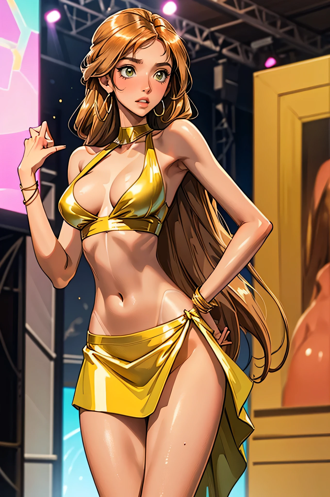 1girl,a beautiful fashion model ,(masterpiece, official art, best quality) (perfect eyes) , light brown and shiny hair, orange highlights in hair, full lips, upturned nose medium , , elegant makeup, exhibitionism, , slim thighs, toned body, shiny skin, sexy pose,,(( (slender, skinny, slim))), gold hoop earrings, pink eyeshadow, cute face, embarrassed, coy, surprised, blush, glittery skin, girl dancing on stage, skinny thighs, narrow hips, skirt lift, gold and green outfit, slutty, (tan skin, tan lines), green eyes, large breasts