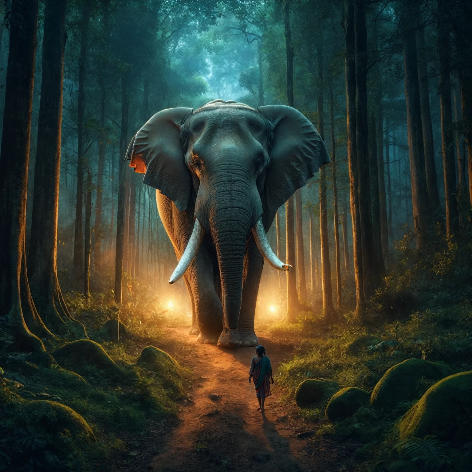 a whild elephant sitting in the jungle, thick dark forest, leaves, plants tall trees everywhere, a indian old women standing near elephant legs, holding a kid on hands. old women should be more detailed. skin tones detailed, wearing a saree