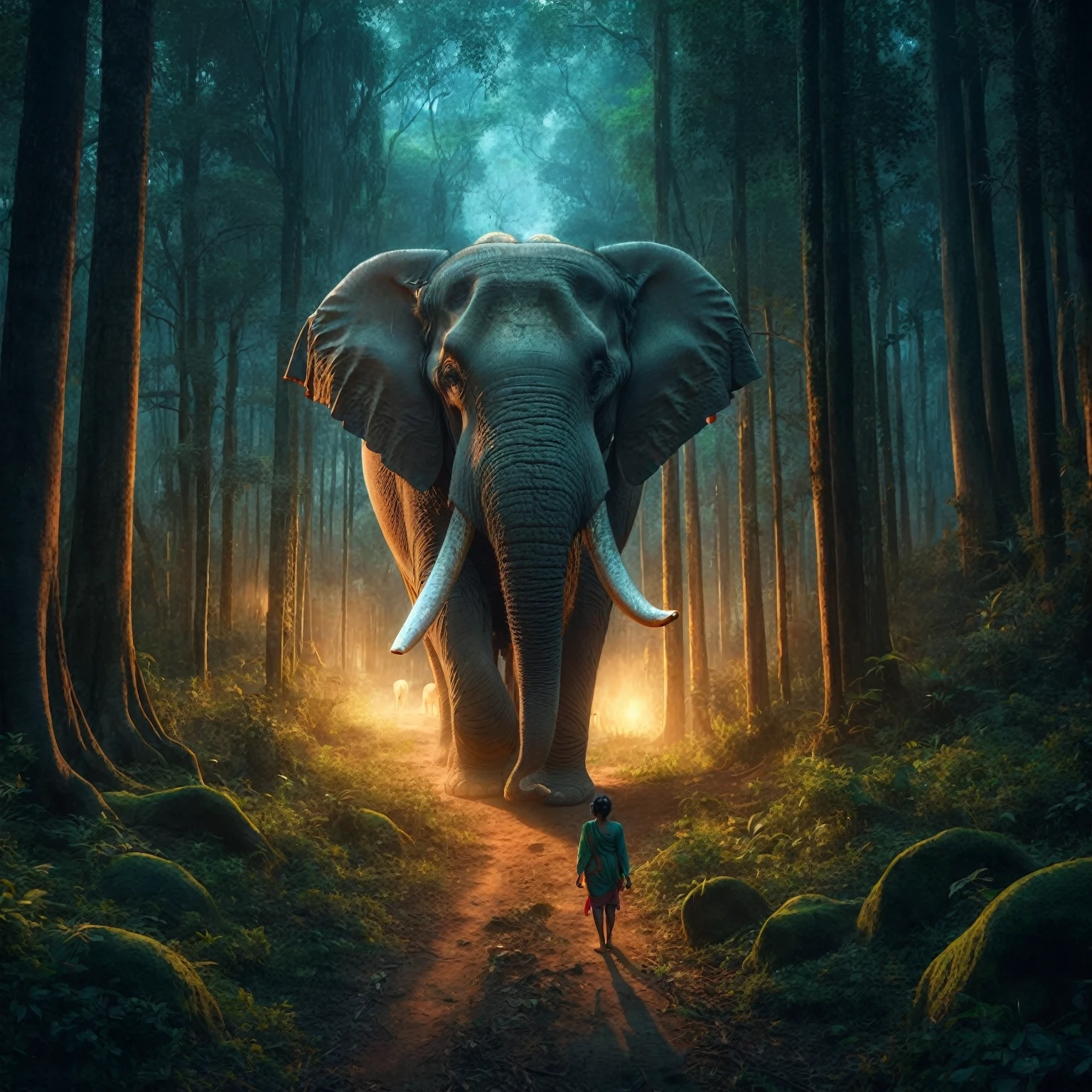 a whild elephant sitting in the jungle, thick dark forest, leaves, plants tall trees everywhere, a indian old women standing near elephant legs, holding a kid on hands. old women should be more detailed. skin tones detailed, wearing a saree