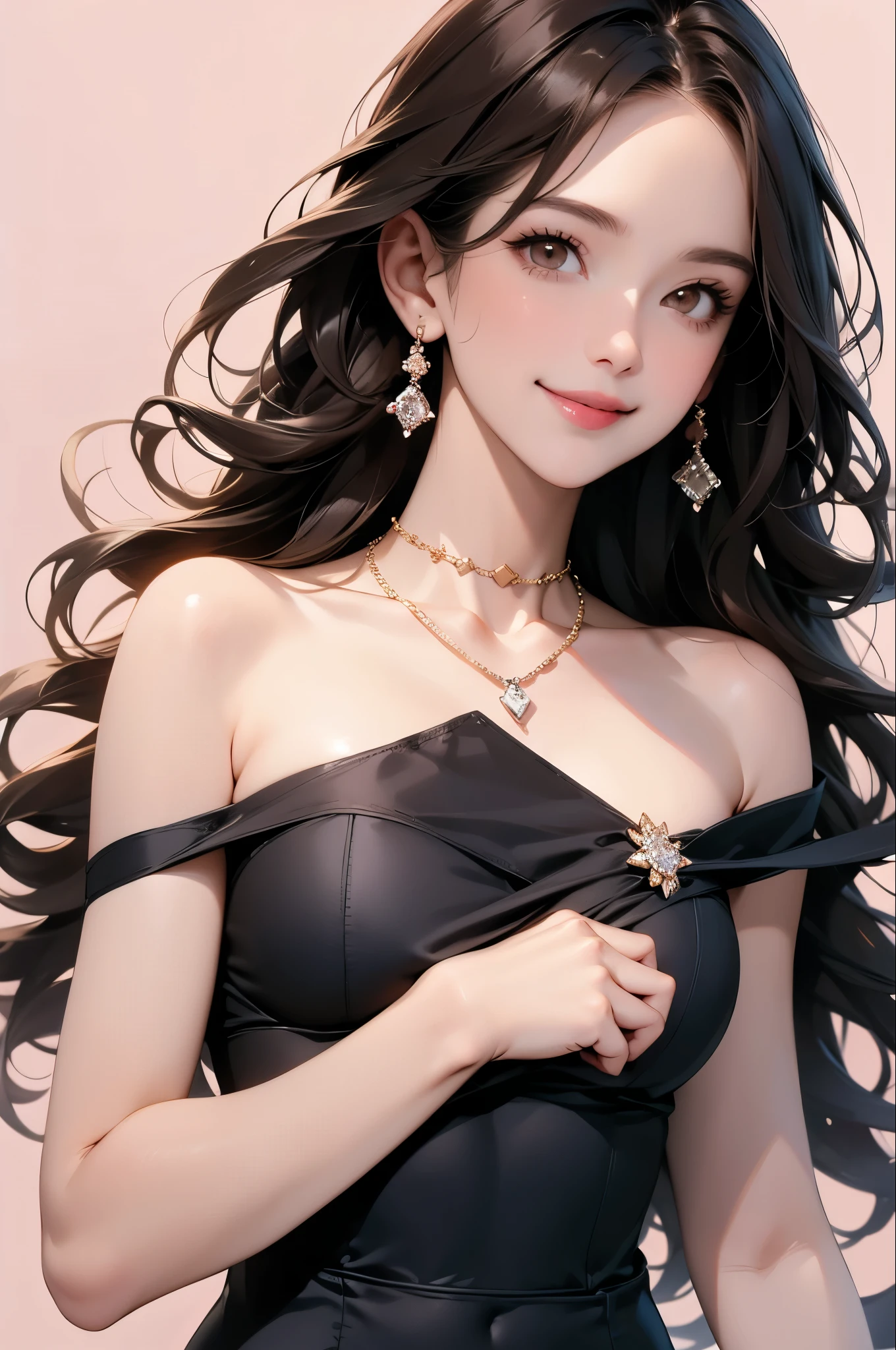 high resolution,smile,woman,woman1人,adult,Clear,cute, Black Hair,BREAK, Brown eyes,BREAK,
Hostess,Black Dress,Diamond Necklace,BREAK,
 Facing forward,BREAK,Pink background,Light on head,