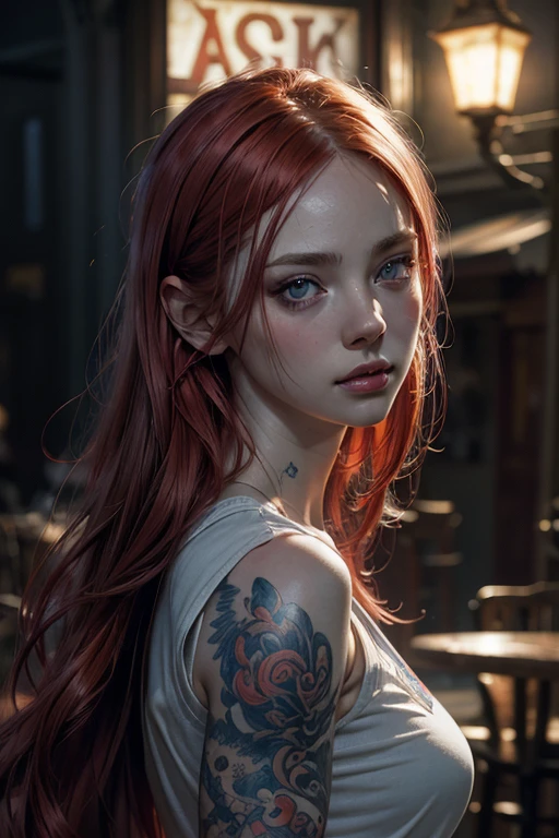 light red hair, vibrant blue eyes, pale white skin, portrait, rock clothing, band clothing, fine nose, thin chin, dark night scene, tattooed , RAW color art with high detail., (detailed skin, skin texture), (muscle), intricate details, fine details, hyperdetailed, ray tracing, subsurface dispersion, soft and diffuse lighting, red and blue spotlight, por Jeremy Mann, Greg Manchess, Antonio Moro, trend in artstation, trend on CGSociety, Intricate, High detail, sharp focus, Dramatic, photorealistic Midjourney painting, background bokeh, pub, Best Quality, masterpiece, only 1 girl, fullbody portrait, dark atmosphere at night, look at the viewer, White T-shirt, blue jeans, night bar, country scene, thin girl