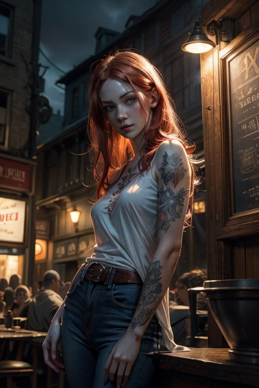 light red hair, vibrant blue eyes, pale white skin, portrait, rock clothing, band clothing, fine nose, thin chin, dark night scene, tattooed , RAW color art with high detail., (detailed skin, skin texture), (muscle), intricate details, fine details, hyperdetailed, ray tracing, subsurface dispersion, soft and diffuse lighting, red and blue spotlight, por Jeremy Mann, Greg Manchess, Antonio Moro, trend in artstation, trend on CGSociety, Intricate, High detail, sharp focus, Dramatic, photorealistic Midjourney painting, background bokeh, pub, Best Quality, masterpiece, only 1 girl, fullbody portrait, dark atmosphere at night, look at the viewer, White T-shirt, blue jeans, night bar, country scene, thin girl