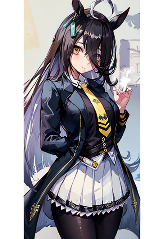 masterpiece, Highest quality:1.2), umamusume, One Woman, alone,Glowing Skin、Huge breasts、Thick legs、Are standing、Cowboy Shot、smile、Black Skirt,Black Business Shirt、Yellow tie,Black jacket,pantyhose