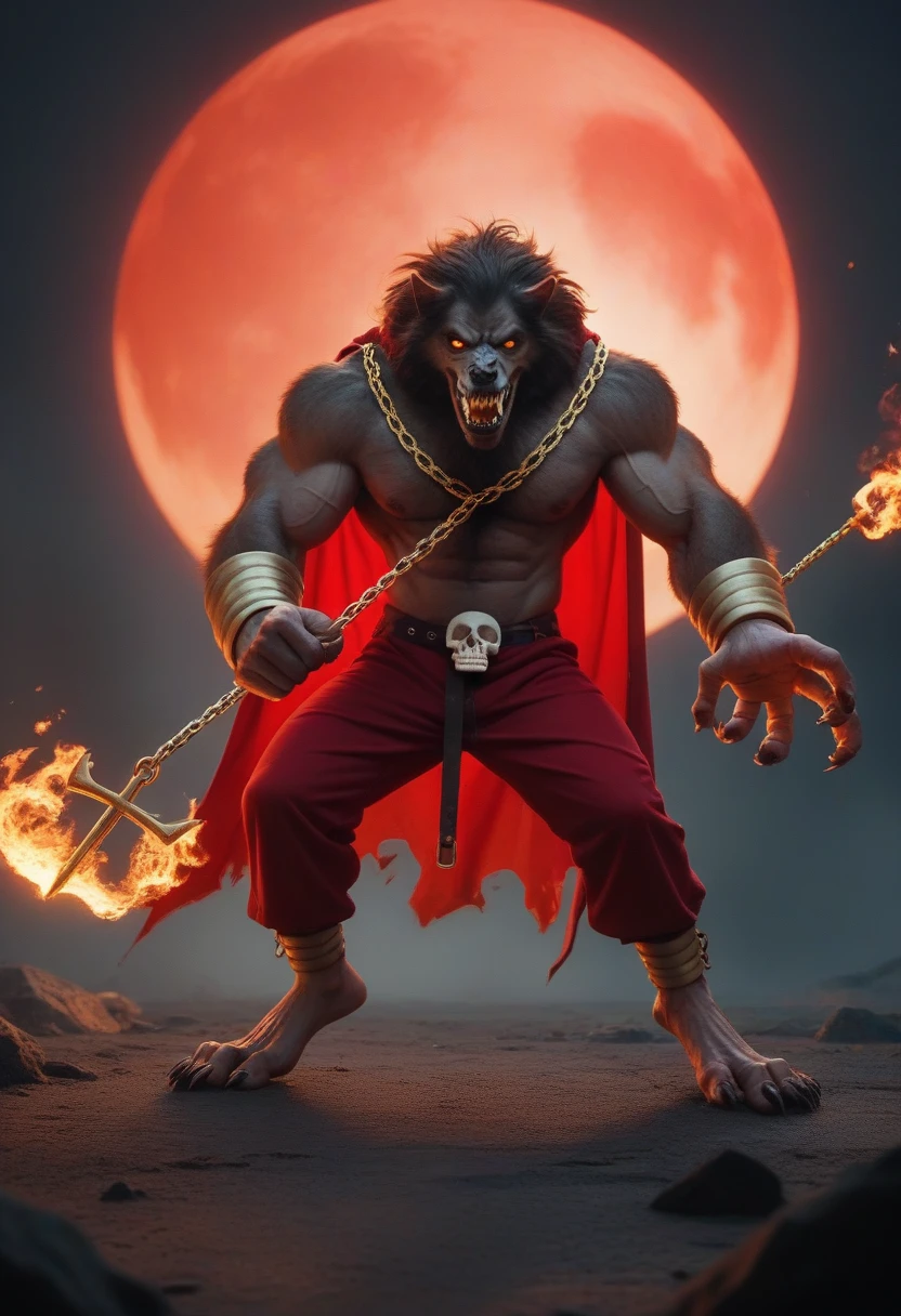 A werewolf growling, flaming and shining yellow eyes, with legra and brinhate coat.
Strong makeup, strong arm and big hands, in his right hand a burning cigar and in his left a sharp trident, with the sharp end of the handle stuck into the ground.
With a red velvet cape on the back tied by a gold chain, red velvet pants up to the middle of the beads, with a gold chain tying his pants, big feet, right foot on top of a human skull.
In the background a blood red full moon,
He is in the center of a circle with a pentagram.