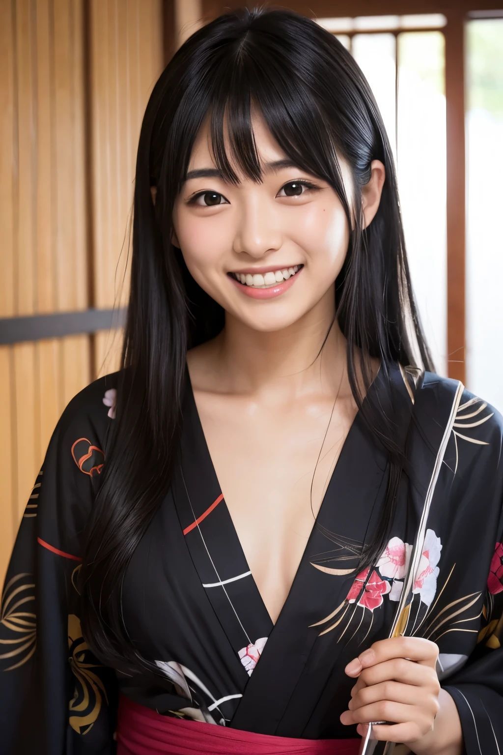 Drinking alcohol,Black Hair,yukata,Blushing, Open your mouth, teeth, chest, Long Hair,