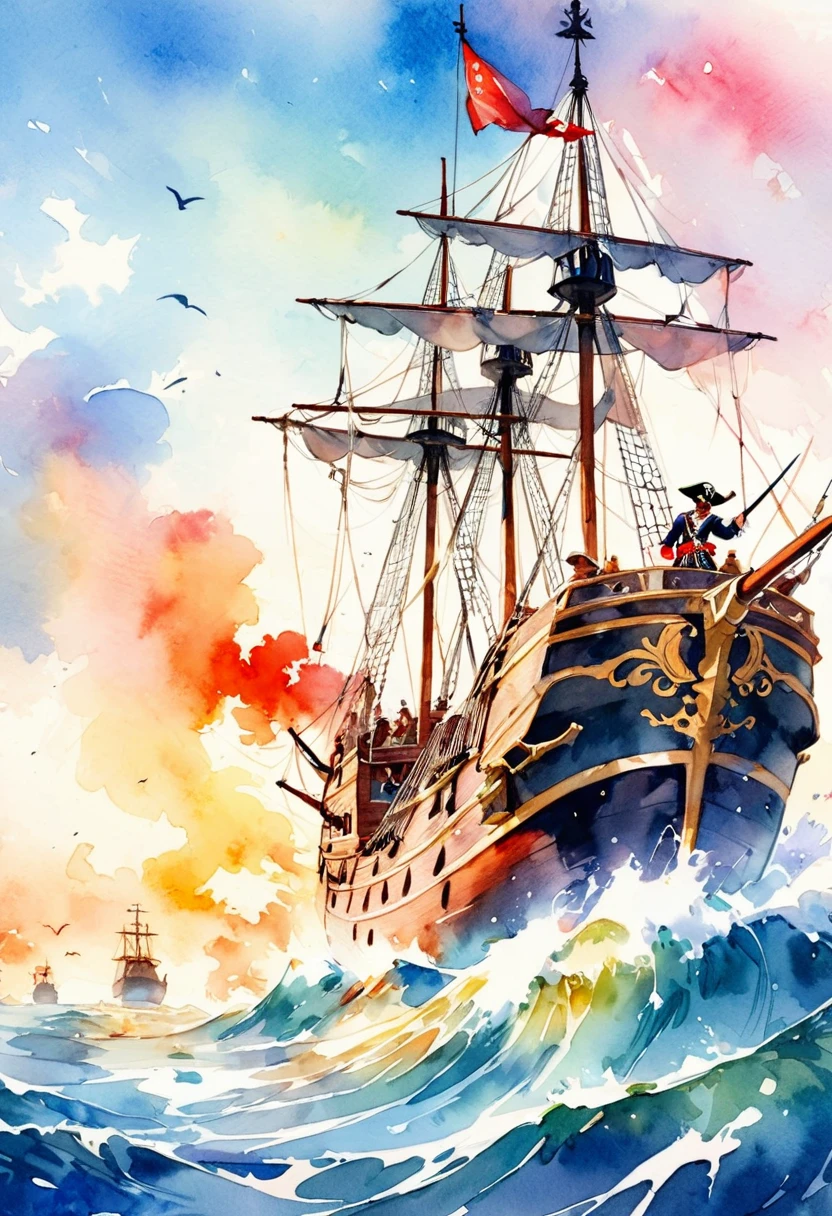 (best quality, high resolution, Watercolor Pirate War