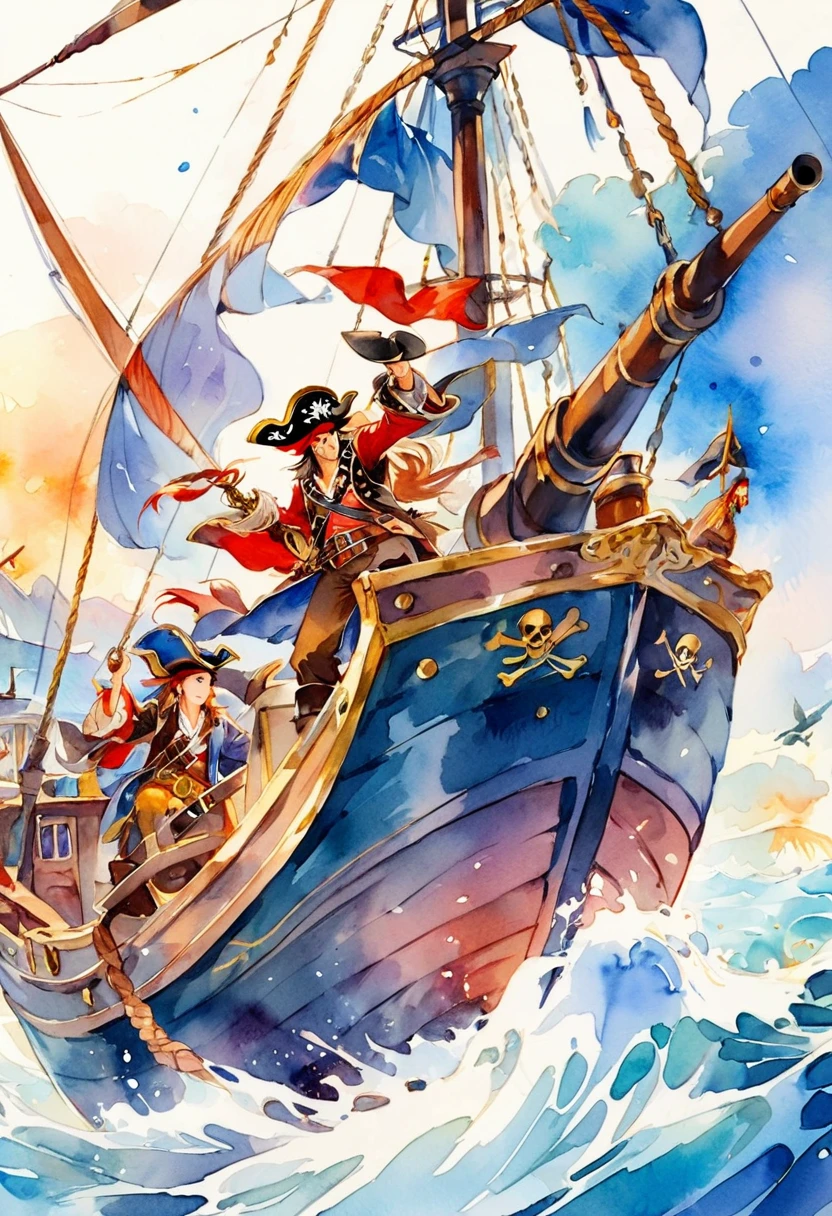 (best quality, high resolution, Watercolor Pirate War