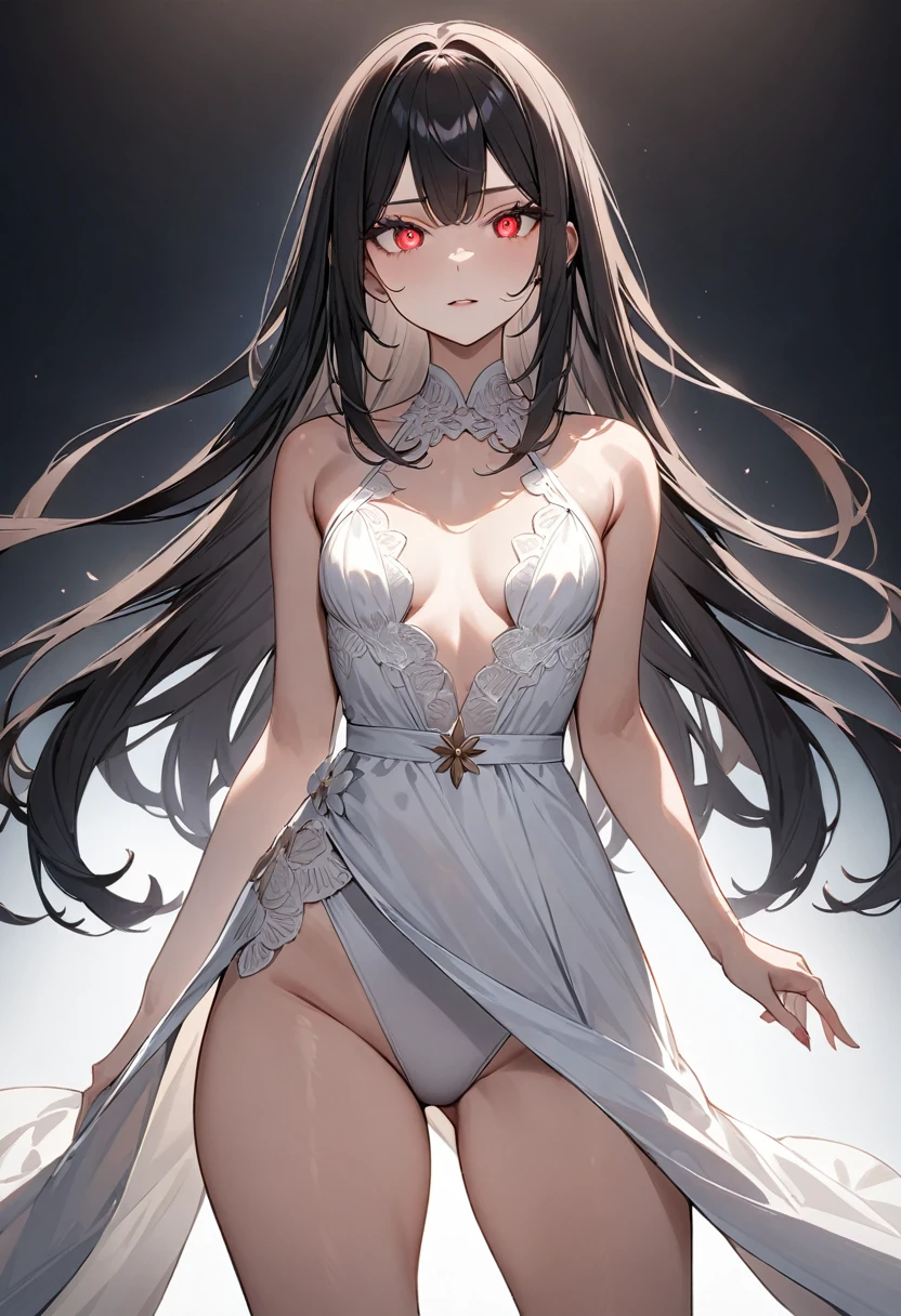 (masterpiece, top quality, very aesthetic, 4k、illustration), intricate detail, 1woman,、solo,contrapposto 、Strong glowing eyes、,(cowboy shot)、、(),beautiful face、、clear face、straight hair、red to black gradient hair、,middle hair,sidelock ,レッド　eyes、white Summer Dresses、small breasts、Slim 、