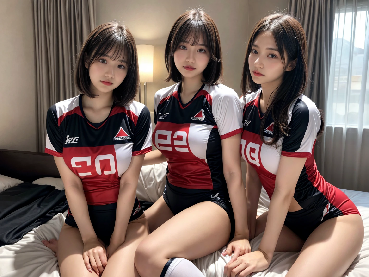 masterpiece, best quality, illustration, Super detailed, fine details, High resolution, 8K,wall paper, perfect dynamic composition,(Details High quality, realistic depiction of eyes:1.3), (2 girls), (short hair volleyball player, Volleyball Uniforms), Tight clothes, sitting, open legs, short bob hair, in a hotel room in the background, deep on field, large breasts, black hair color, Big Natural Color Lip, (perfect body shape), crying a little、Harajuku style、20 year old girl、cute type、beautiful legs, Gravure Idol