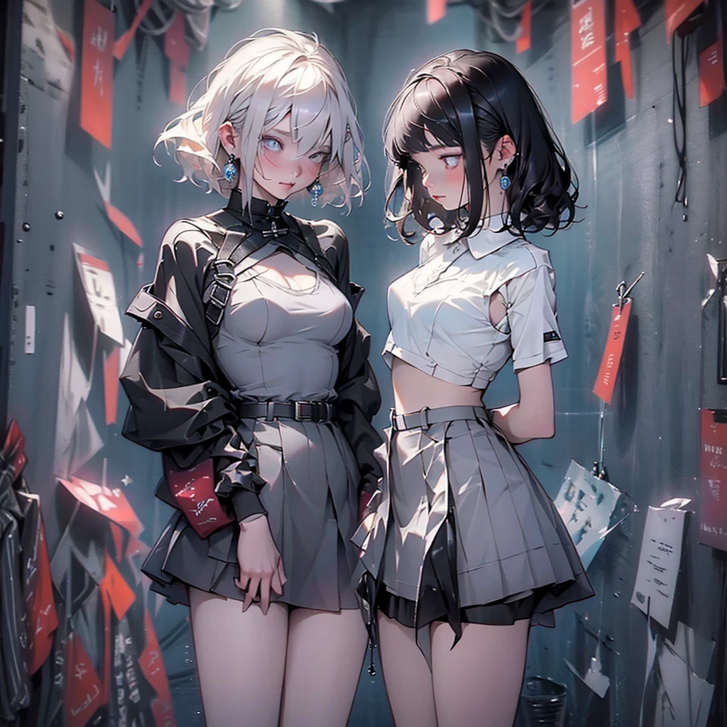 Alice crying in the deep sea, Short skirt, holster, Absurd, RAW Photos, Very delicate and beautiful, masterpiece, Highest quality, Ultra-high resolution, 32K, Surreal, Very detailed, Detailed Description, Pale skin, 20-year-old, Natural Lip, Big Breasts, Earrings, Short Medium Hair, Wavy Hair, Full Body Shot,