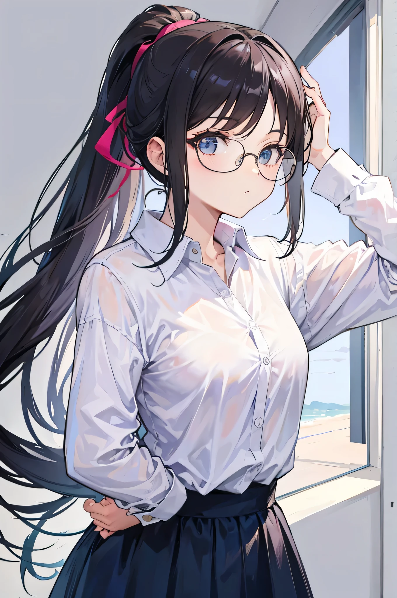 ponytail,Wearing a shirt,A woman wearing glasses