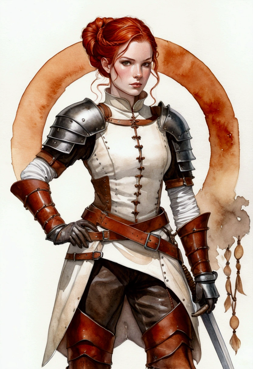 brown ink and watercolor, female medieval fantasy warrior, red hair, elegant braided updo, orange eyes, white gambeson, brown leather gloves, metal articulated gauntlets, metal vambraces, brown leather belt, anthracite medieval baggy hose, red slashed breeches, metal cuisses, brown leather boots, metal greaves. white, red, brown, black palette, concept art illustration, wonderland, Dynamic colors, fairy tale light, by Akihiko Yoshida, Hideo Minaba, 32k UHD