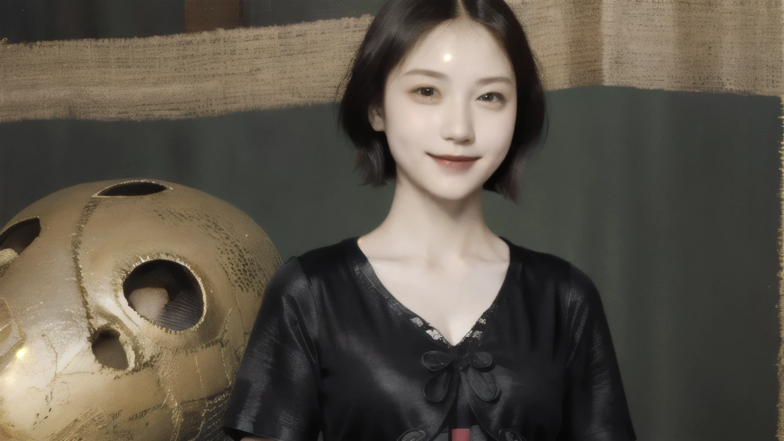 265 20-year-old female,(short hair),((chest:1.5)),Archaic Smile,(Leonardo da Vinci'sTshirt)