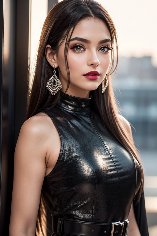 （1 girl：1.5），（top quality，4K，8 K，a high resolution，masterpiece：1.2），super detailed，（valid，photovalid，photo-valid：1.37），station，dark brown hair，Red lips女孩，black evening dress，elegant clothes for girls，Red lips，perfect lipstick application，（beautiful eyes：1.4），silver hair，Brown eyes，slight smile，happy expression，Refined leather，Stunning face，long eyelashes，black eyeliner，Artwork，（black belt：1.2），drop earrings，Women&#39;s love throughout the body